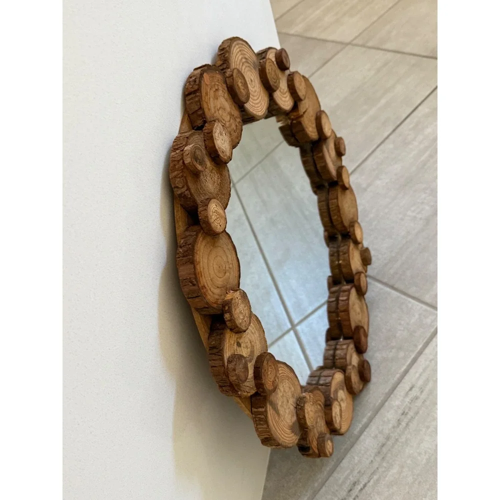 Vtg Rustic Round Wall Mirror Natural Wood Log Slice Frame Tree Ring Cabin Decor
